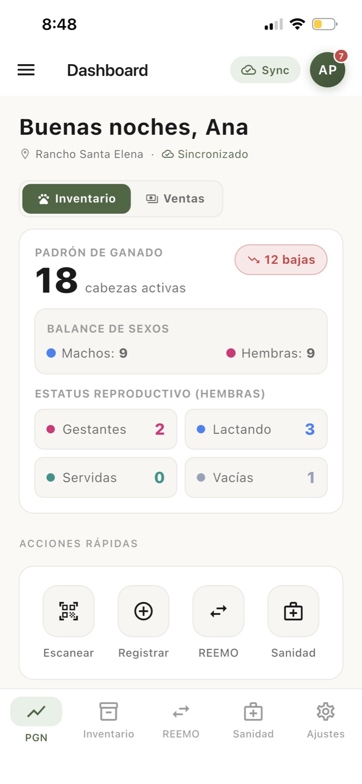 Pantalla principal de LIDIA con el padrón de ganado